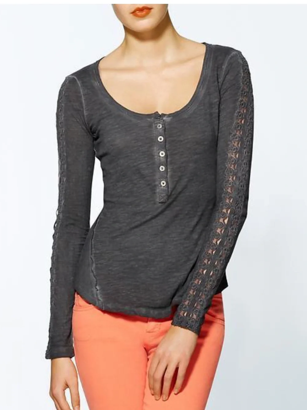 Free People Charcoal Gray Lace-Trim Henley Long Sleeve Top XS